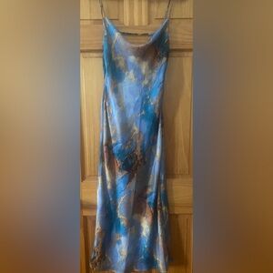 Micas Marble Print Satin Slip Dress Blue Brown Cowl Neck Midi Size M